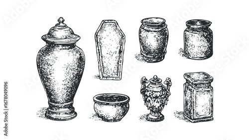 Collection of Antique Vessels and Coffin Outline Sketch. Vector hand drawn illustration