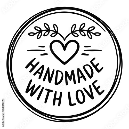 Handmade with love circular logo design with heart and leaves for branding and product labels  vector silhouette