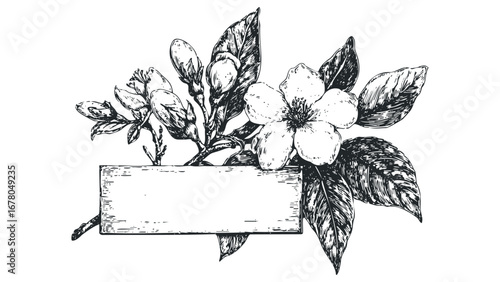 Sketch of a blooming magnolia flower with buds and leaves on a transparent background. Vector hand drawn illustration