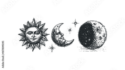 Celestial Bodies of Sun, Crescent Moon, and Full Moon with Stars on White. Vector hand drawn illustration