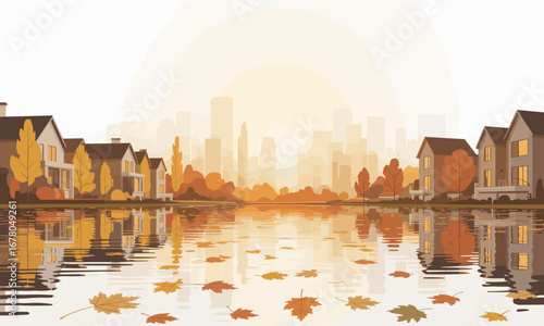 Serene autumn lakeside neighborhood with cityscape skyline and vibrant fall foliage reflecting on calm water at golden hour, evoking peaceful living.