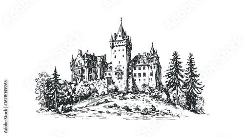 Detailed ink sketch of a European-style castle on a hill with trees. Vector hand drawn illustration