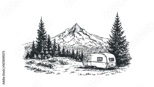 Vintage travel trailer parked near pine forest and mountain peak. Vector hand drawn illustration