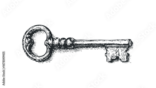 Vintage Skeleton Key Graphic with Ornate Handle and Detailed Bit. Vector hand drawn illustration