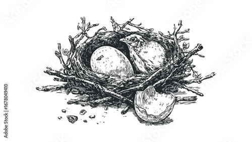 Charming baby bird and egg resting in a twig nest with broken shell. Vector hand drawn illustration