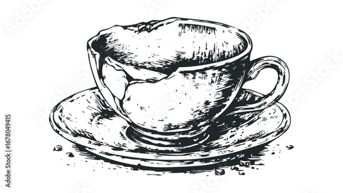 Broken tea cup with saucer and scattered fragments on a white surface. Vector hand drawn illustration