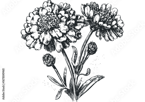 Detailed ink drawing of two blooming scabiosa flowers with buds and leaves. Vector hand drawn illustration