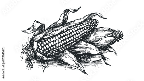 Vintage engraving of ripe corn cobs with husks on transparent background. Vector hand drawn illustration