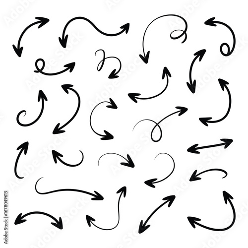 Various hand drawn black arrows pointing in different directions on white background  vector silhouette