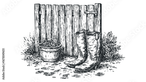 Country western cowboy boots and potted plant against a wooden gate. Vector hand drawn illustration