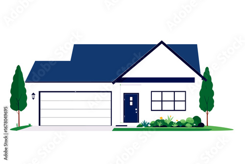 Charming modern suburban house with blue roof and manicured garden, perfect for real estate or homeownership themes