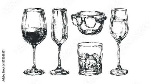 Sketch of wine glass champagne flute rocks glass and novelty glass with glasses. Vector hand drawn illustration