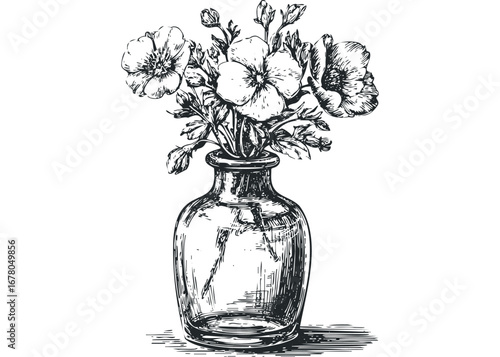 Sketch of delicate flowers in a glass vase on a white background. Vector hand drawn illustration