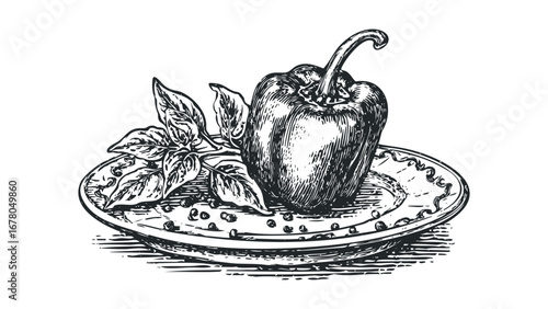 Hand Drawn Line Art Bell Pepper on Decorative Plate with Peppercorns. Vector hand drawn illustration