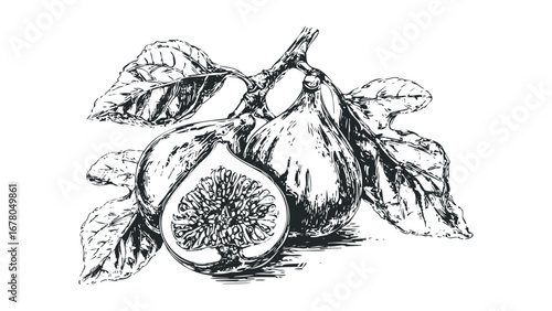 Hand-drawn ink sketch of ripe figs and leaves on a transparent background. Vector hand drawn illustration