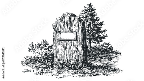 Wooden signpost with a blank plaque amidst grass and trees. Vector hand drawn illustration