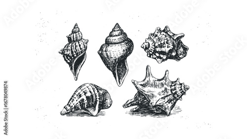 Group of five distinct seashells sketched on a white background. Vector hand drawn illustration