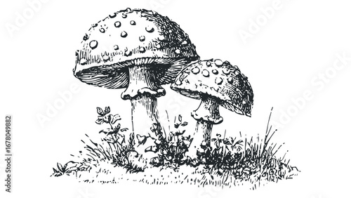 Vintage ink drawing of spotted mushrooms growing in grass. Vector hand drawn illustration