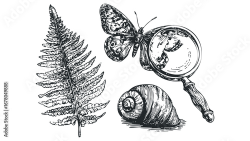 Vintage Butterfly Fern and Seashell with Magnifying Glass Line Art. Vector hand drawn illustration