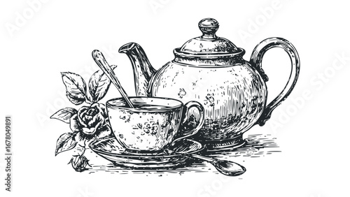 Tea Set With Rose and Spoon Hand Drawn Sketch. Vector hand drawn illustration