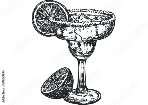 Hand Drawn Sketch of Salt Rimmed Margarita Cocktail with Lime Wedge. Vector hand drawn illustration