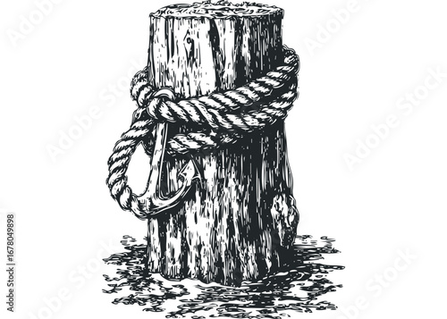 Wooden bollard with nautical rope and anchor on transparent background. Vector hand drawn illustration