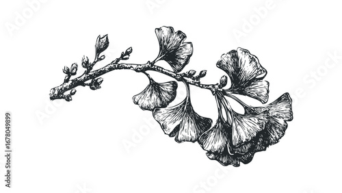 Ink sketch of ginkgo biloba branch with leaves and buds on transparent background. Vector hand drawn illustration