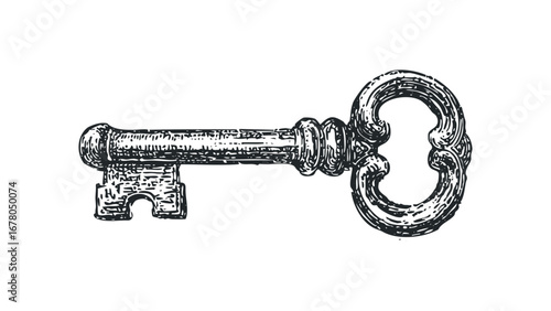 Vintage ornamental key on transparent background. Vector hand drawn illustration