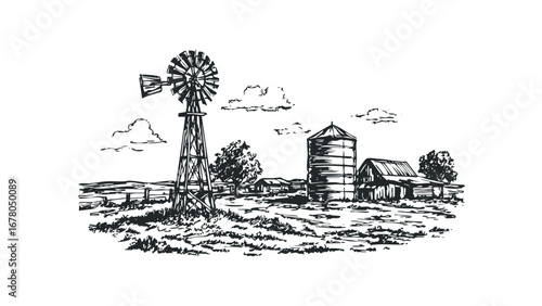 Rural landscape with a windmill, silo, and barn in a sketch style on a transparent background. Vector hand drawn illustration