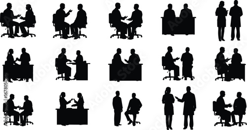 Silhouette doctor consulting patient, medical discussion illustration, healthcare professionals, hospital consultation scene, clinical meeting, patient diagnosis, health care vector design