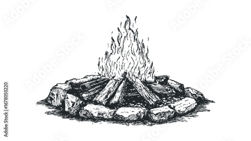 Campfire with logs and stones sketch on transparent background. Vector hand drawn illustration
