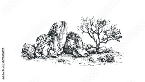 Sketch of Arid Landscape With Rocks and Tree. Vector hand drawn illustration