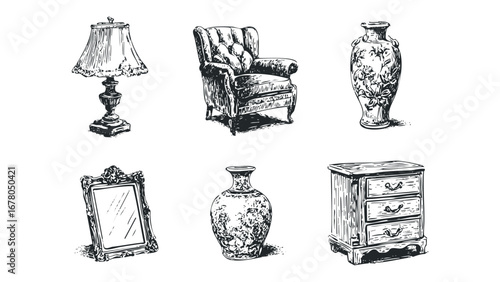 Tapestry armchair, ornate vase, and antique dresser sketch with lamp and mirror. Vector hand drawn illustration
