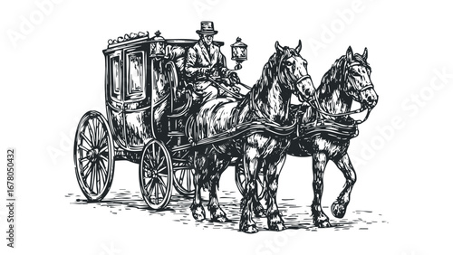 Man driving horse-drawn carriage from olden times. Vector hand drawn illustration