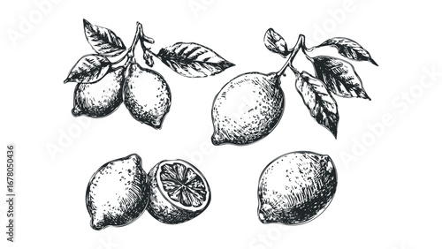 Sketch of Lemons and Leaves on Transparent Background. Vector hand drawn illustration