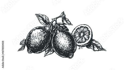 Sketchy Citrus Fruits with Leaves on Transparent Background. Vector hand drawn illustration