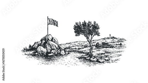 American flag waves proudly from rocky peak overlooking scenic landscape with solitary tree. Vector hand drawn illustration