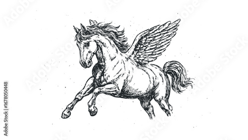 Ink sketch of a winged horse leaping with mane flowing. Vector hand drawn illustration