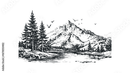 Hand-drawn mountain range with pine trees and flying birds by a lake. Vector hand drawn illustration