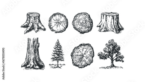 Woody Elements Collection Tree Stumps and Cross-Sections. Vector hand drawn illustration