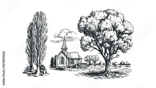 Sketch of a picturesque landscape featuring a church and trees. Vector hand drawn illustration