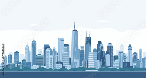 Stunning modern cityscape illustration with towering skyscrapers and a bright, clear sky, perfect for business and urban themes.