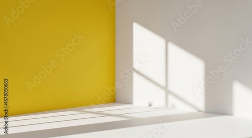Wallpaper Mural Abstract corner of an empty room with a vibrant yellow accent wall. Bright sunlight streams through a window, casting a clear shadow on the white surfaces. Torontodigital.ca