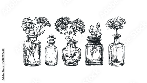 Line drawing of five glass bottles with various plants and flowers. Vector hand drawn illustration