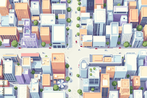 Vibrant aerial view of a bustling, modern city with colorful buildings, streets, and tiny people creates a dynamic urban landscape for business and lifestyle projects.