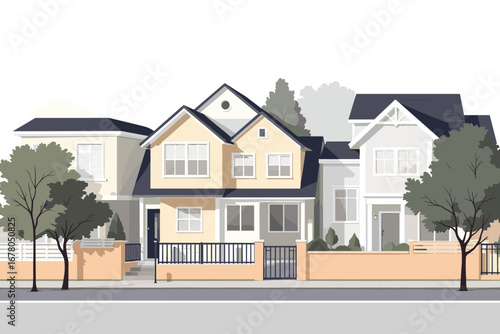 Charming suburban street scene showcasing modern, attractive houses with lush trees and welcoming fences on a bright day