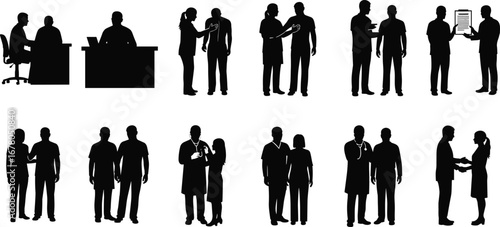 Silhouette doctor consulting patient, medical teamwork discussion, healthcare professionals, hospital communication, clinical consultation scene, 