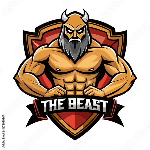 Muscular Titan Mascot “THE BEAST” in Shield Crest with Bold Banner