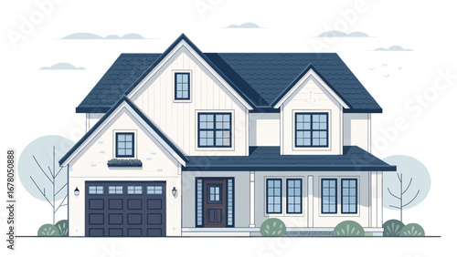 Charming modern farmhouse style residence with classic architectural details and welcoming front porch, perfect for real estate marketing.