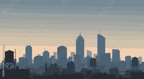 Captivating cityscape silhouette at dusk with iconic water towers and urban skyline, evoking a sense of calm and metropolitan grandeur.